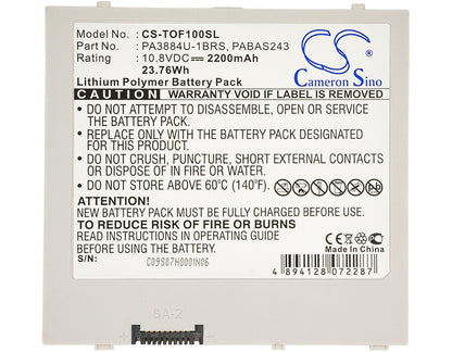 10.8V, 2200mAh, Li-Polymer Battery fits Toshiba, 10 Thrive, At100, 23.76Wh