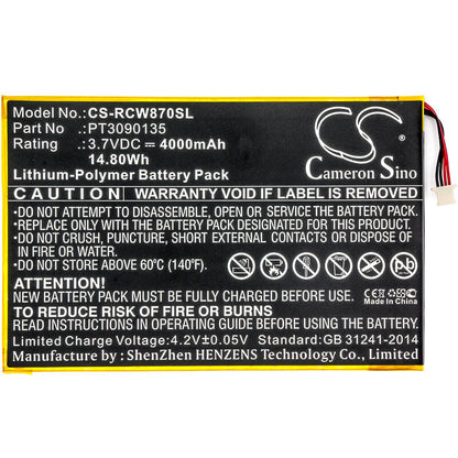 3.7V, 4000mAh, Li-Polymer Battery fits Rca, Cambio, Galileo Pro, 14.8Wh