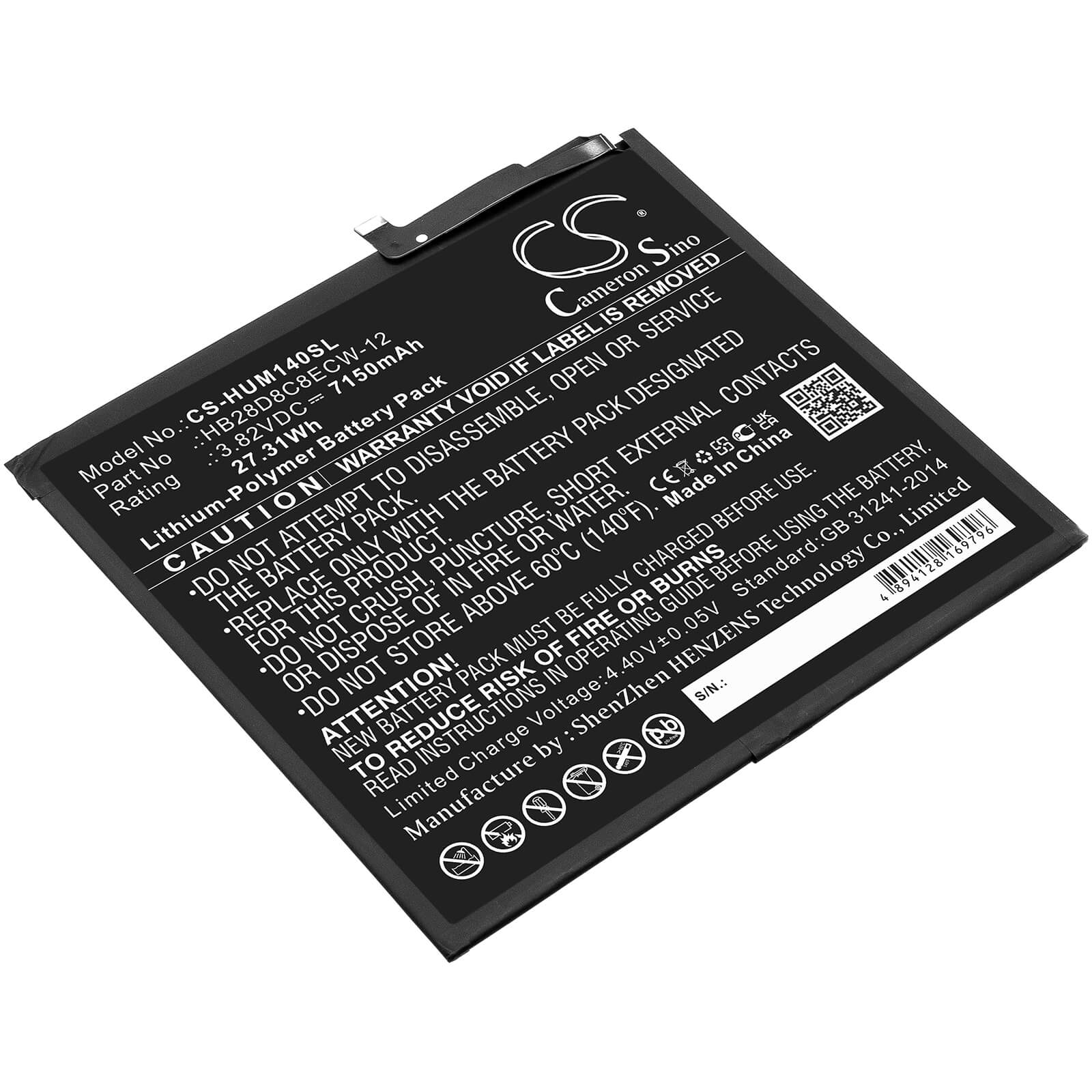 3.82V, 7150mAh, Li-Polymer Battery fits Huawei, Bah3-al00, Bah3-l09, 27.313Wh