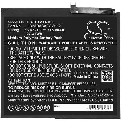3.82V, 7150mAh, Li-Polymer Battery fits Huawei, Bah3-al00, Bah3-l09, 27.313Wh
