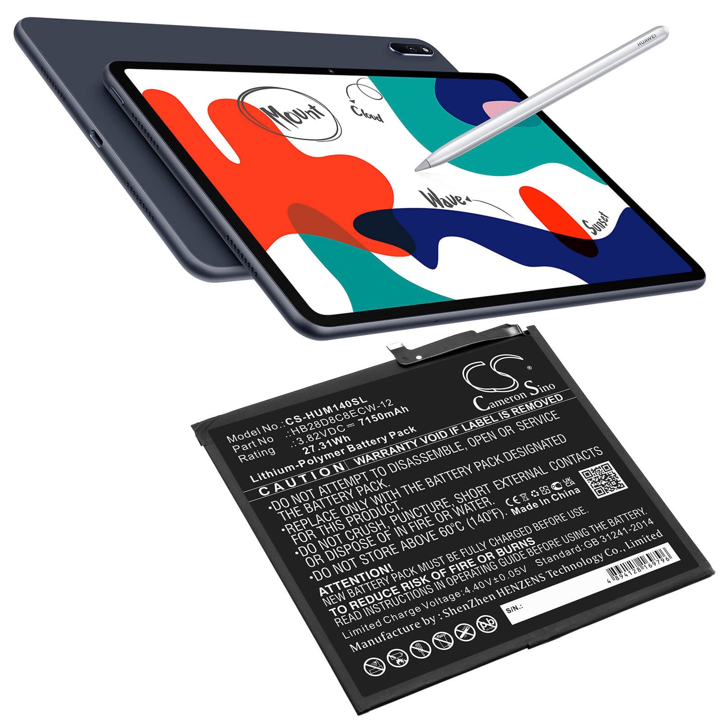 3.82V, 7150mAh, Li-Polymer Battery fits Huawei, Bah3-al00, Bah3-l09, 27.313Wh