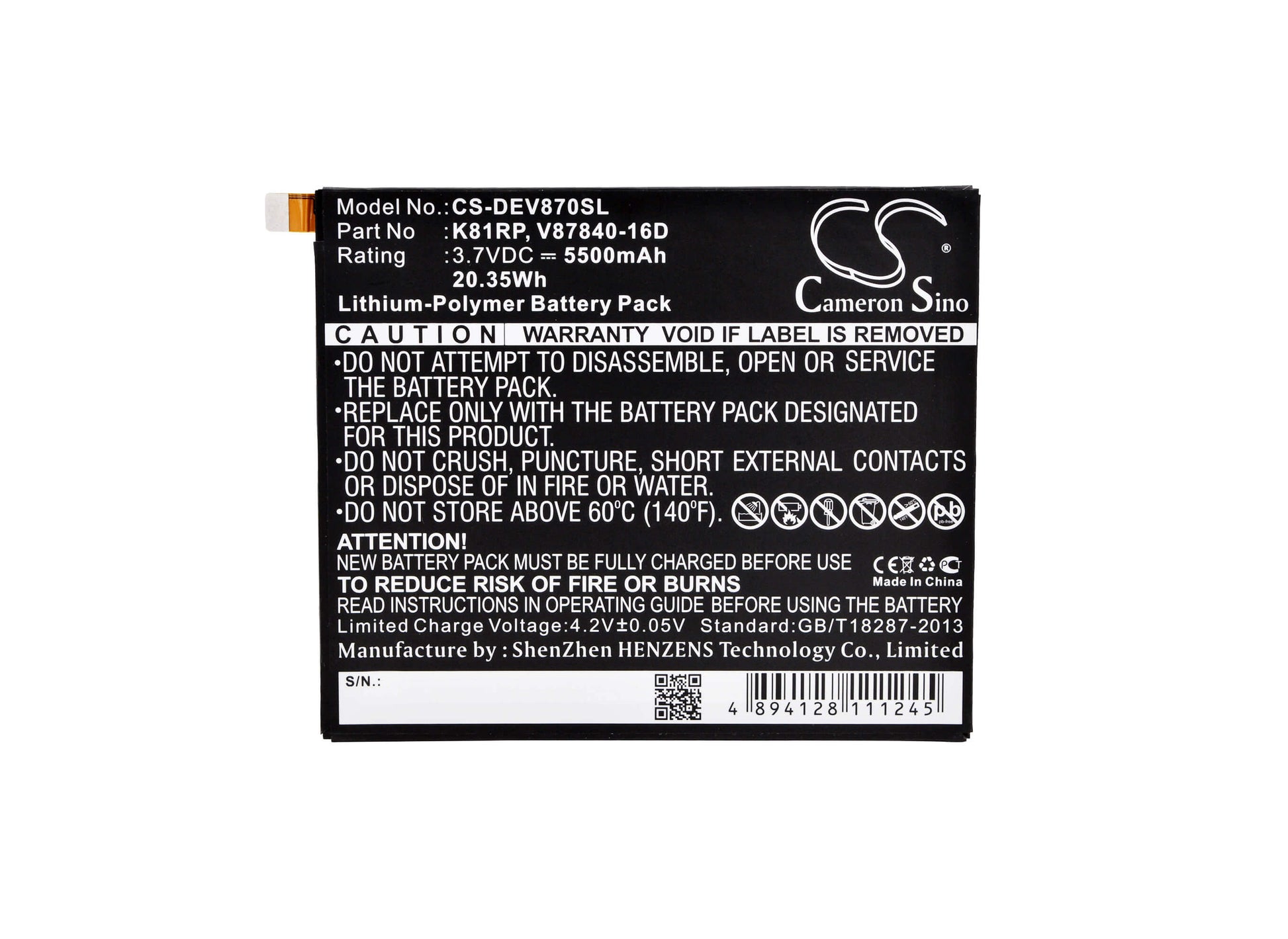 3.7V, 5500mAh, Li-Polymer Battery fits Dell, V87840-16d, Venue 8 7000, 20.35Wh