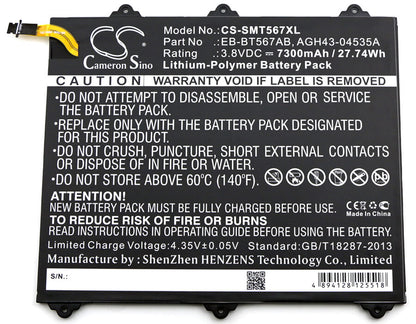 3.8V, 7300mAh, Li-Polymer Battery fits Samsung, Galaxy Tab E 9.6 Xlte, Sm-t560nu, 27.74Wh