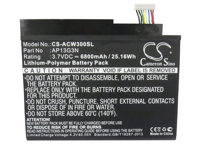 3.7V, 6800mAh, Li-Polymer Battery fits Acer, Iconia Tab W3, Iconia Tab W3-810, 25.16Wh
