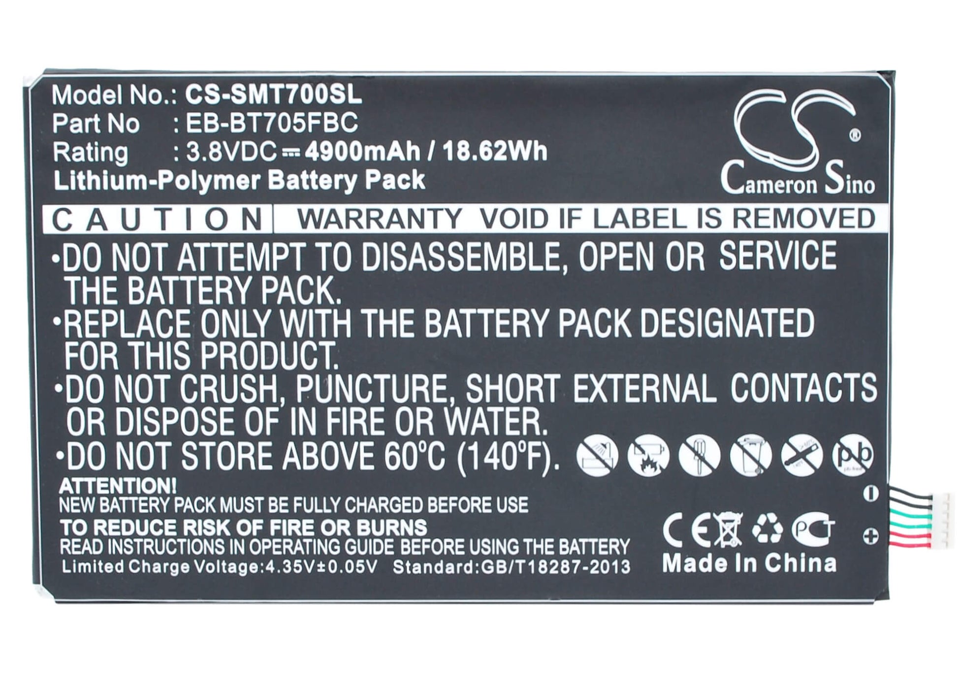 3.8V, 4900mAh, Li-Polymer Battery fits Samsung, Galaxy Tab S 8.4, Galaxy Tab S 8.4 Wifi, 18.62Wh