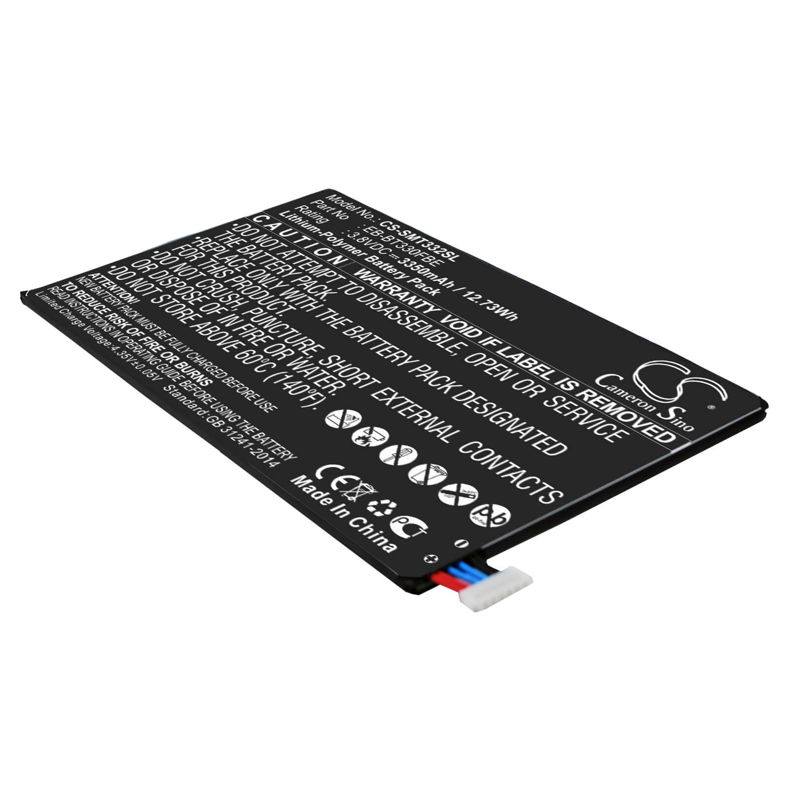 3.8V, 3350mAh, Li-Polymer Battery fits Samsung, Galaxy Tab4 8.0 3g, Sm-t330, 12.73Wh