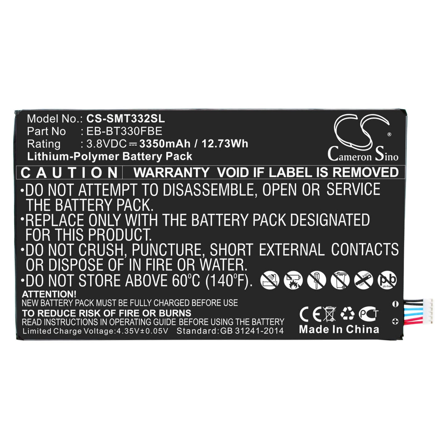 3.8V, 3350mAh, Li-Polymer Battery fits Samsung, Galaxy Tab4 8.0 3g, Sm-t330, 12.73Wh