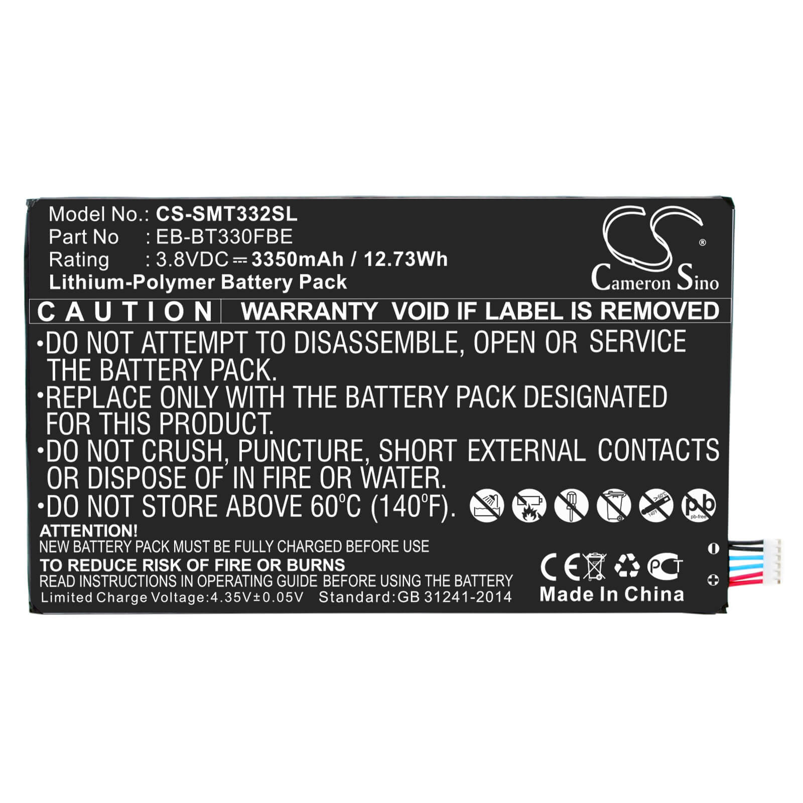 3.8V, 3350mAh, Li-Polymer Battery fits Samsung, Galaxy Tab4 8.0 3g, Sm-t330, 12.73Wh