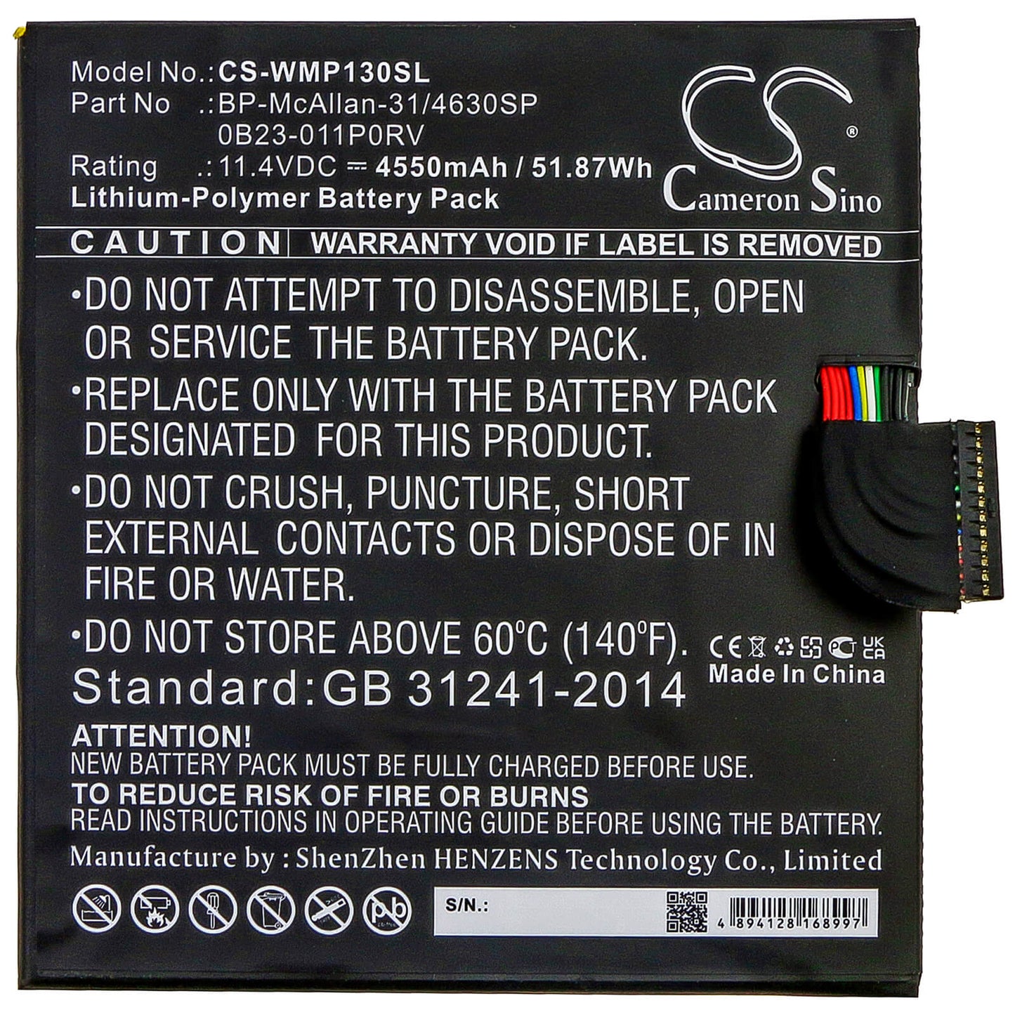 11.4V, 4550mAh, Li-Polymer Battery fits Wacom, Mobilestudio Pro 12, Mobilestudio Pro 13, 51.87Wh