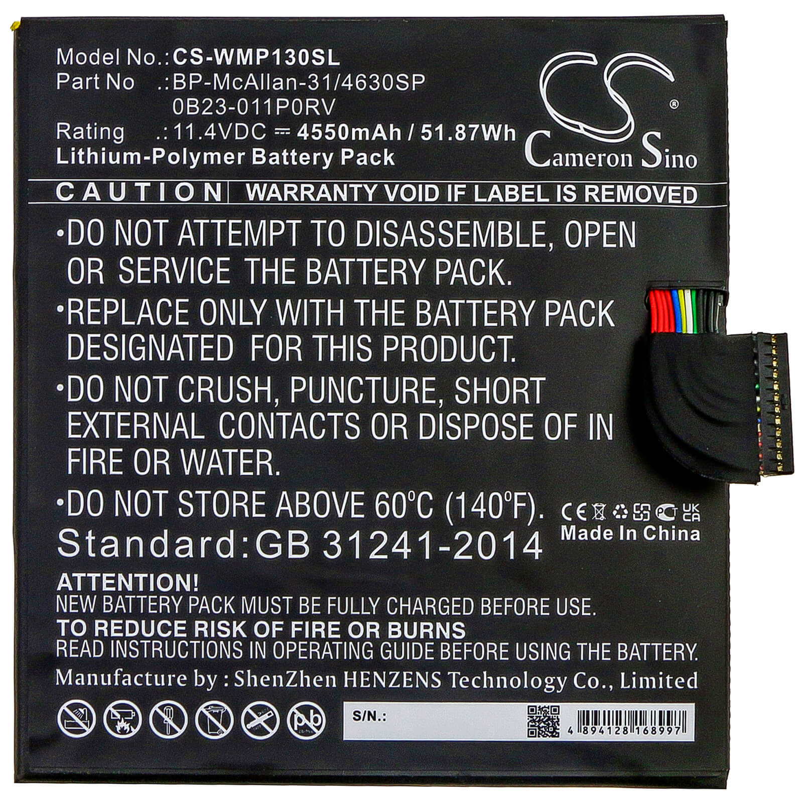 11.4V, 4550mAh, Li-Polymer Battery fits Wacom, Mobilestudio Pro 12, Mobilestudio Pro 13, 51.87Wh