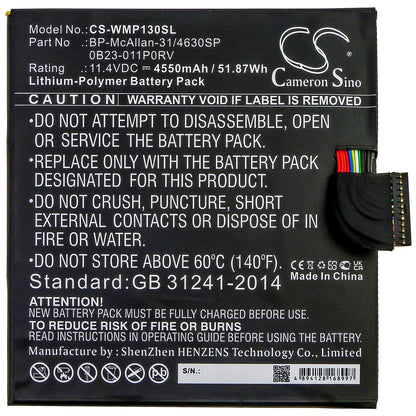 11.4V, 4550mAh, Li-Polymer Battery fits Wacom, Mobilestudio Pro 12, Mobilestudio Pro 13, 51.87Wh