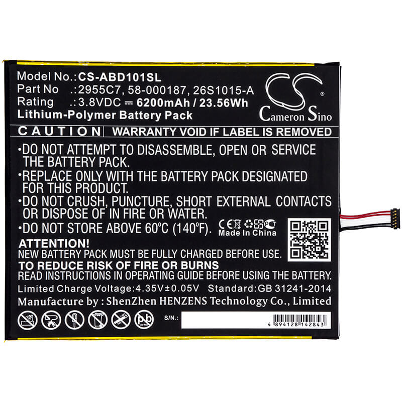 3.8V, 6200mAh, Li-Polymer Battery fits Amazon, Kindle Fire Hd 10.1, Kindle Fire Hd 10.1 7th, 23.56Wh