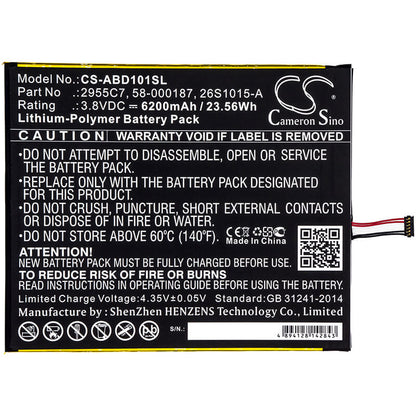 3.8V, 6200mAh, Li-Polymer Battery fits Amazon, Kindle Fire Hd 10.1, Kindle Fire Hd 10.1 7th, 23.56Wh