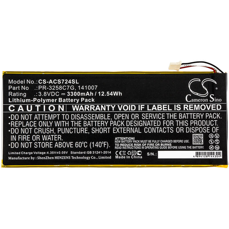 3.8V, 3300mAh, Li-Polymer Battery fits Acer, A1-734, Iconia Talk S, 12.54Wh
