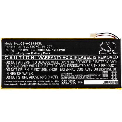 3.8V, 3300mAh, Li-Polymer Battery fits Acer, A1-734, Iconia Talk S, 12.54Wh