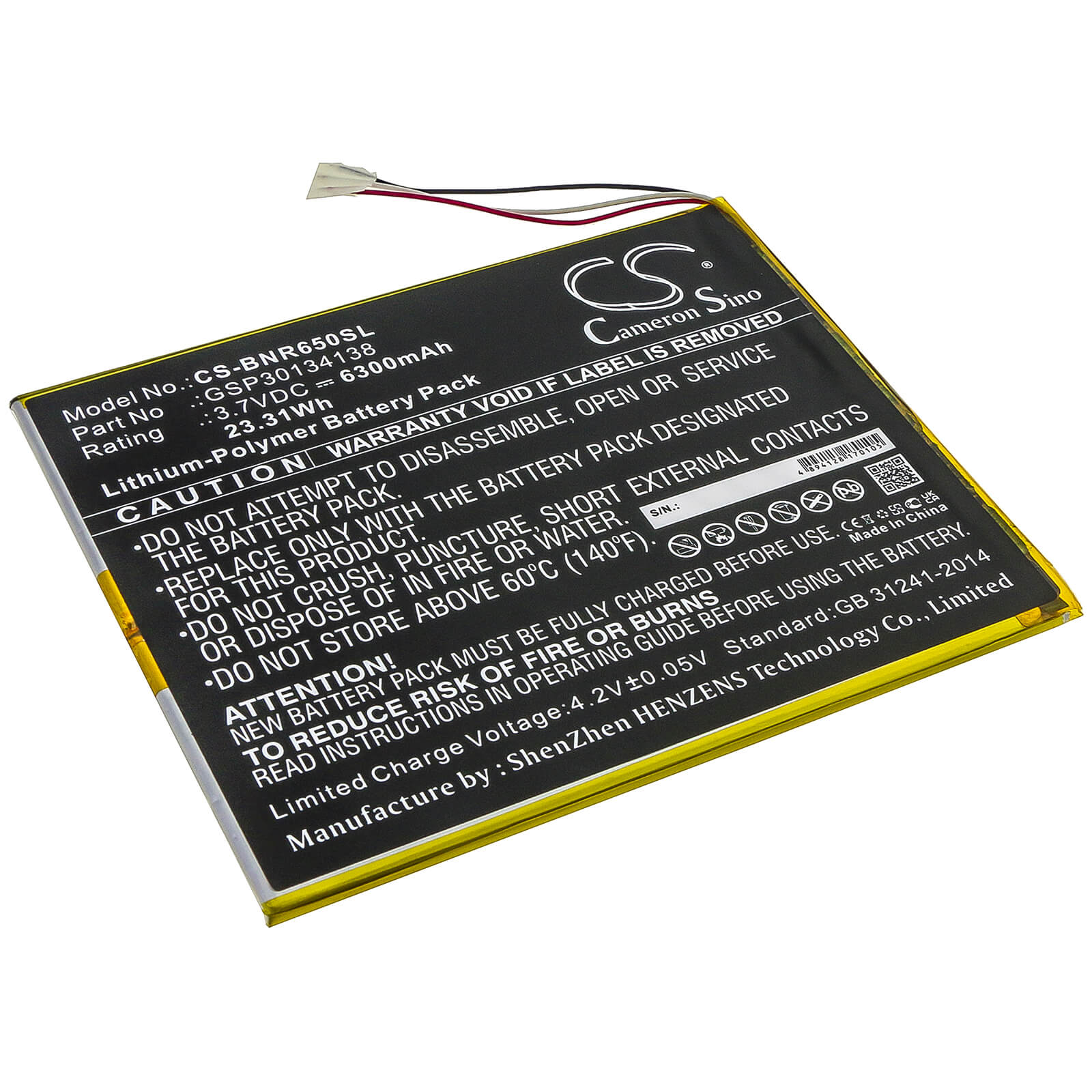 3.8V, 6300mAh, Li-Polymer Battery fits Barnes & Noble, Bntv650, Nook 10.1, 23.94Wh