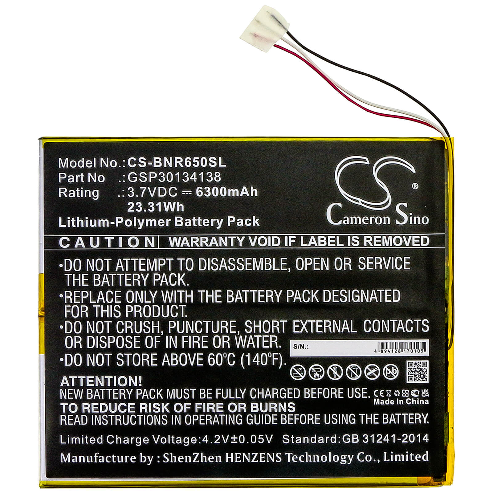 3.8V, 6300mAh, Li-Polymer Battery fits Barnes & Noble, Bntv650, Nook 10.1, 23.94Wh
