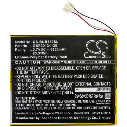 3.8V, 6300mAh, Li-Polymer Battery fits Barnes & Noble, Bntv650, Nook 10.1, 23.94Wh