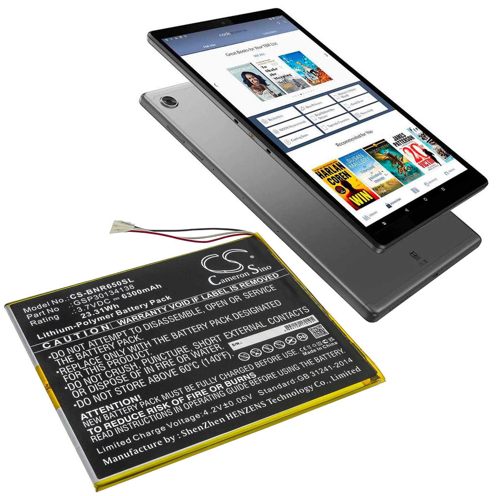 3.8V, 6300mAh, Li-Polymer Battery fits Barnes & Noble, Bntv650, Nook 10.1, 23.94Wh