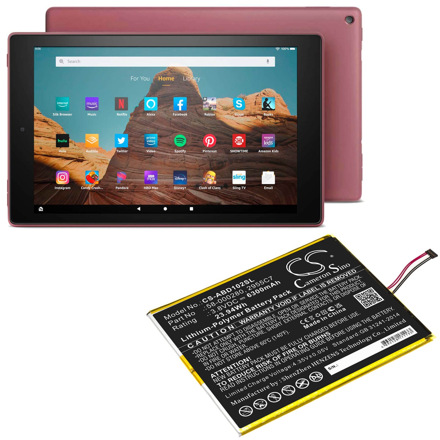 3.8V, 6300mAh, Li-Polymer Battery fits Amazon, Kindle Fire Hd 10.1 9th, M2v3r5, 23.94Wh