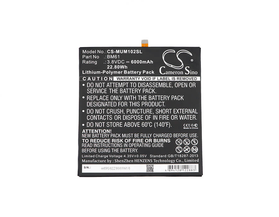 3.8V, 6000mAh, Li-Polymer Battery fits Xiaomi, A2015716, Gd4250, 22.8Wh