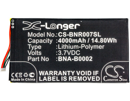 3.7V, 4000mAh, Li-Polymer Battery fits Barnes & Noble, Bnrv400, Bntv400, 14.8Wh