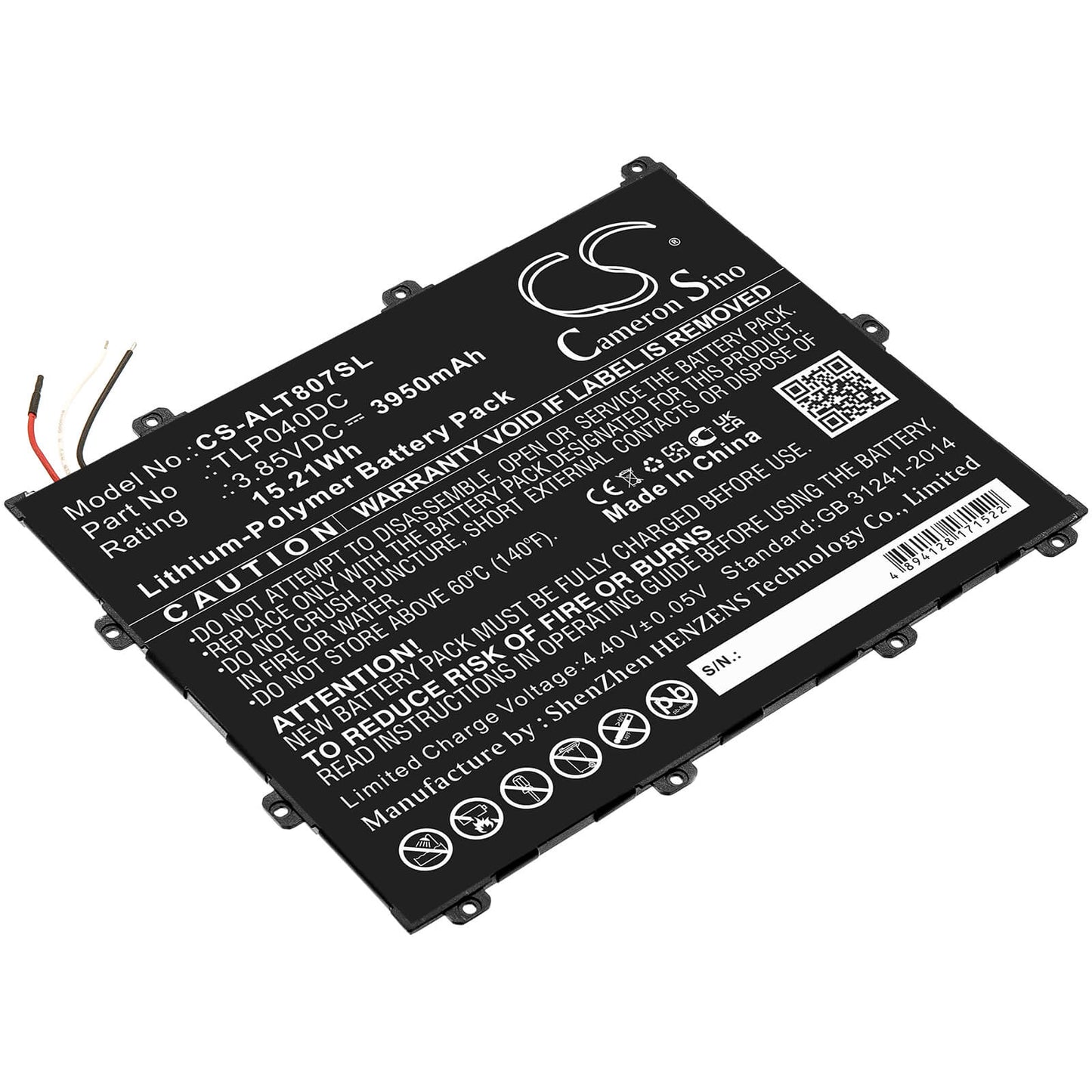 3.85V, 3950mAh, Li-Polymer Battery fits Alcatel, One Touch Pixi 3 8, Ot-8070, 15.2075Wh