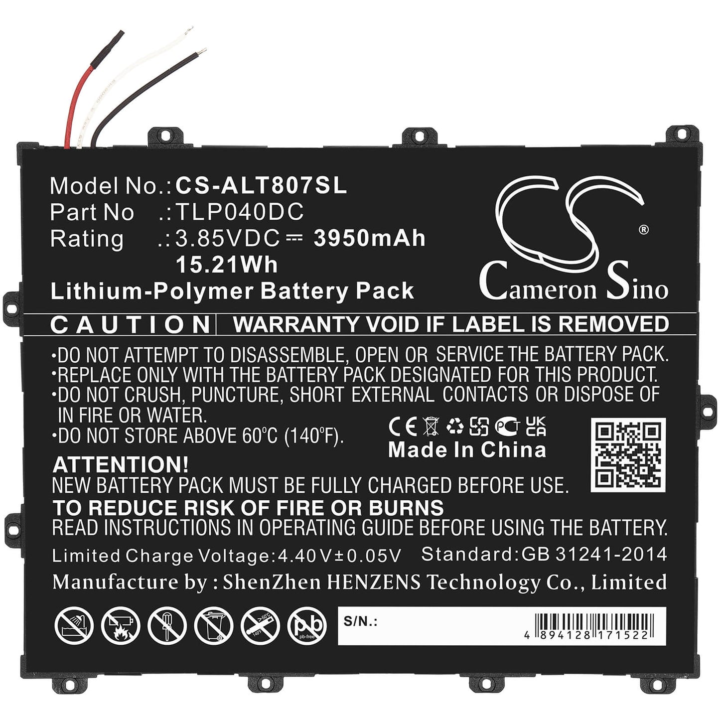 3.85V, 3950mAh, Li-Polymer Battery fits Alcatel, One Touch Pixi 3 8, Ot-8070, 15.2075Wh