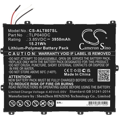 3.85V, 3950mAh, Li-Polymer Battery fits Alcatel, One Touch Pixi 3 8, Ot-8070, 15.2075Wh