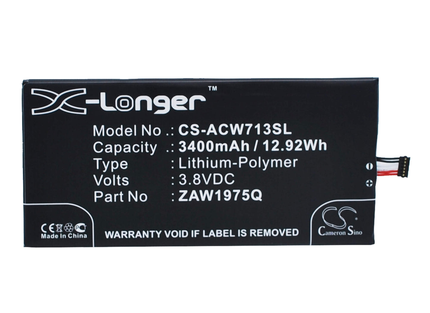 3.8V, 3400mAh, Li-Polymer Battery fits Acer, A1-713, A1-713hd, 12.92Wh