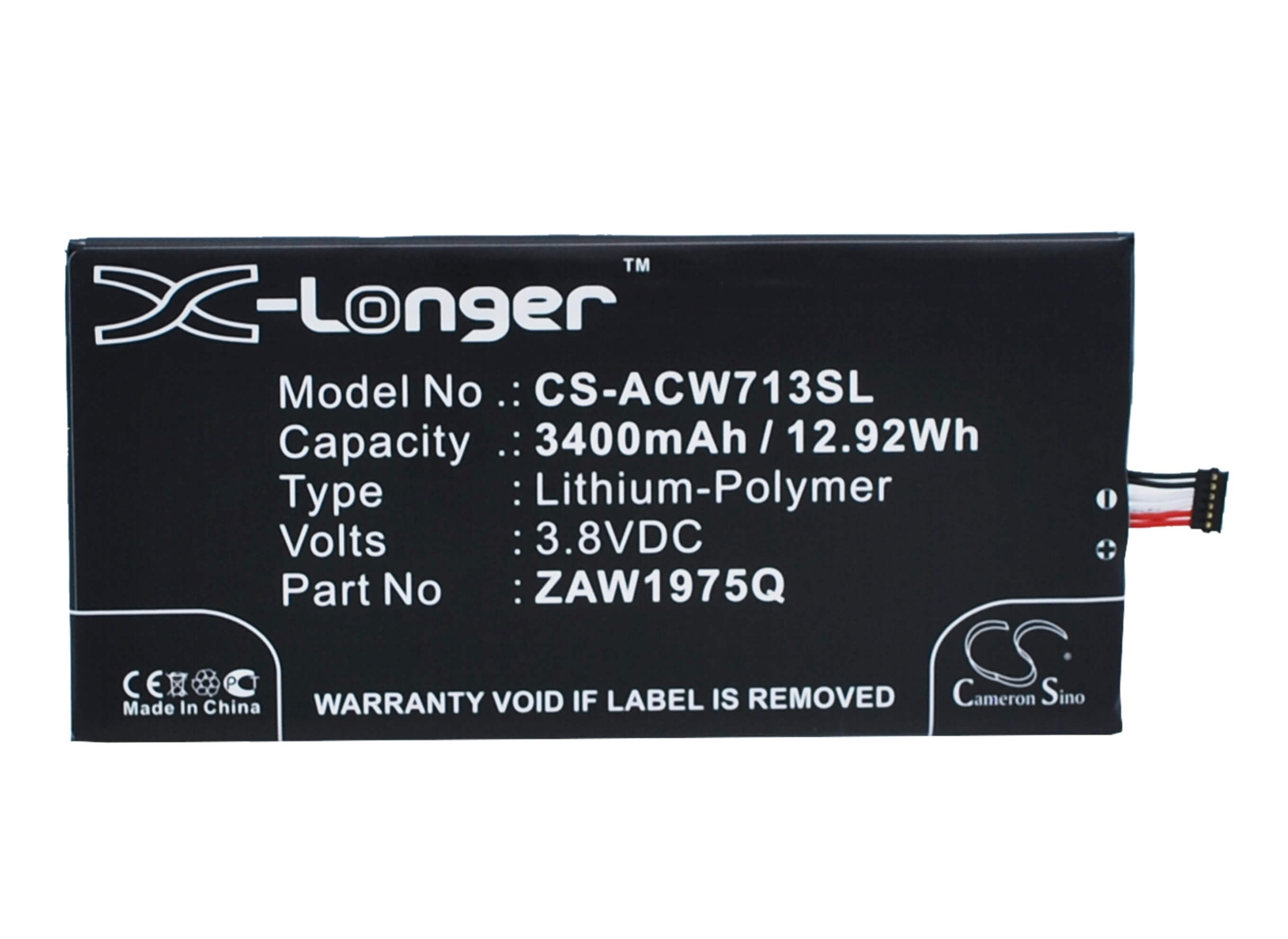 3.8V, 3400mAh, Li-Polymer Battery fits Acer, A1-713, A1-713hd, 12.92Wh