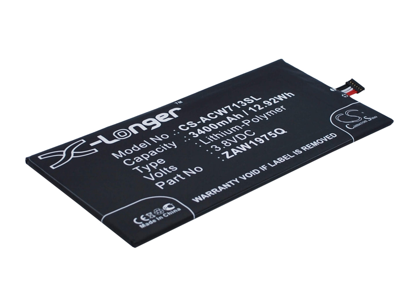 3.8V, 3400mAh, Li-Polymer Battery fits Acer, A1-713, A1-713hd, 12.92Wh