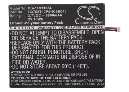 3.7V, 6800mAh, Li-Polymer Battery fits Zte, V11, V11a, 25.16Wh