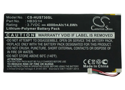 3.7V, 4000mAh, Li-Polymer Battery fits Huawei, Baggio2-u02a, Mediapad, 14.8Wh