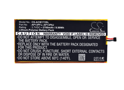 3.7V, 2700mAh, Li-Polymer Battery fits Acer, Iconia B1-720, Iconia B1-720-81111g00nkr, 9.99Wh