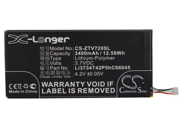 3.7V, 3400mAh, Li-Polymer Battery fits Zte, V72, V72a, 12.58Wh