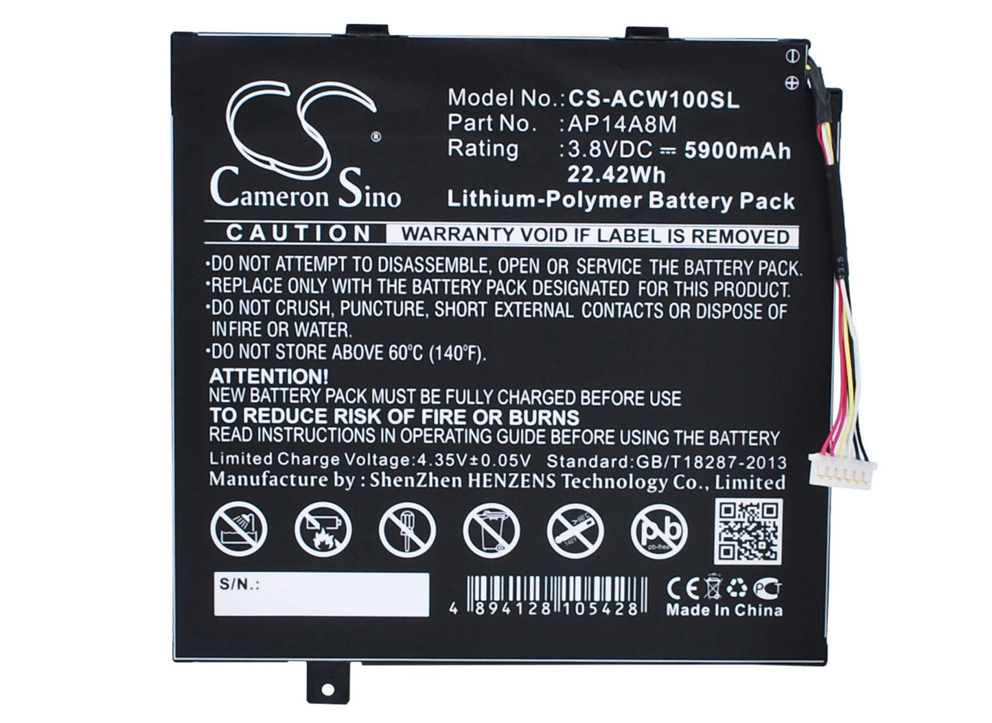 3.8V, 5900mAh, Li-Polymer Battery fits Acer, A3-a20, A3-a20fhd, 22.42Wh