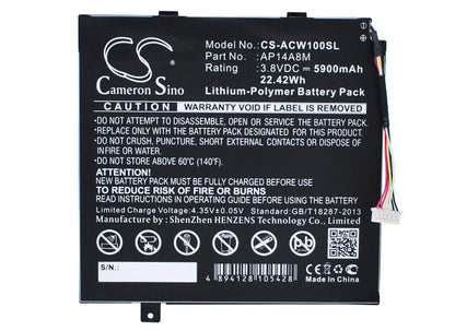 3.8V, 5900mAh, Li-Polymer Battery fits Acer, A3-a20, A3-a20fhd, 22.42Wh