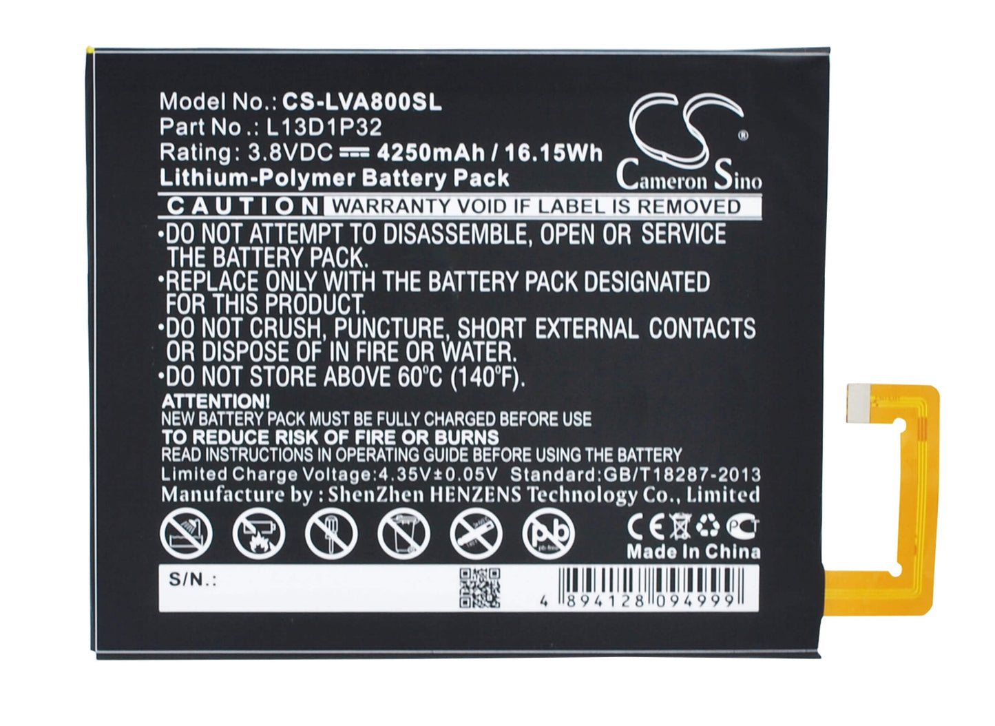 3.8V, 4250mAh, Li-Polymer Battery fits Lenovo, Ideapad A5500, Ideapad A8, 16.15Wh