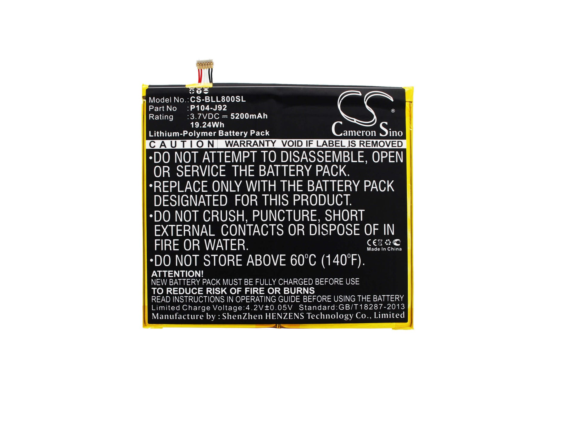 3.7V, 5200mAh, Li-Polymer Battery fits Blu, L800, L800l, 19.24Wh