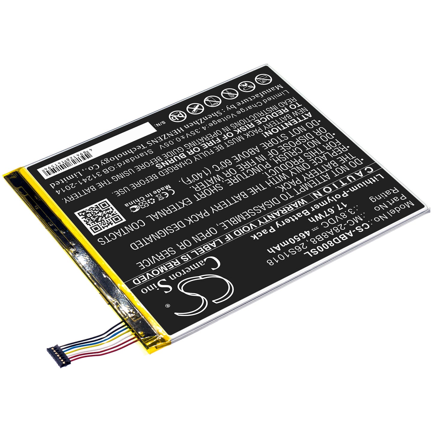 3.8V, 4650mAh, Li-Polymer Battery fits Amazon, Kindle Fire Hd 8, Pr53dc, 17.67Wh