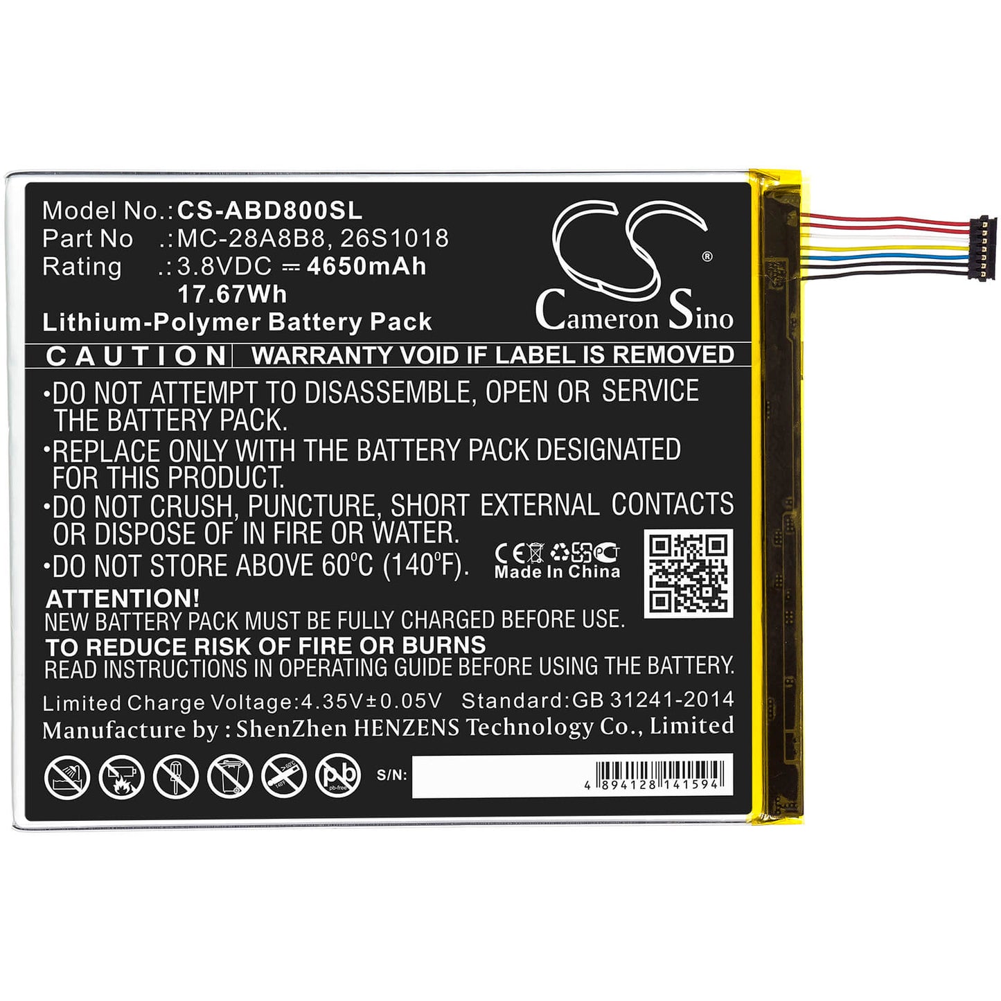 3.8V, 4650mAh, Li-Polymer Battery fits Amazon, Kindle Fire Hd 8, Pr53dc, 17.67Wh