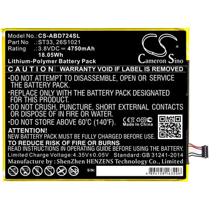 3.8V, 4750mAh, Li-Polymer Battery fits Amazon, K72ll3, K72ll4, 18.05Wh