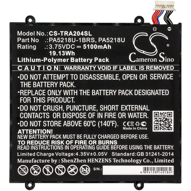 3.75V, 5100mAh, Li-Polymer Battery fits Toshiba, Excite A204, Excite A204 At10-b, 19.125Wh