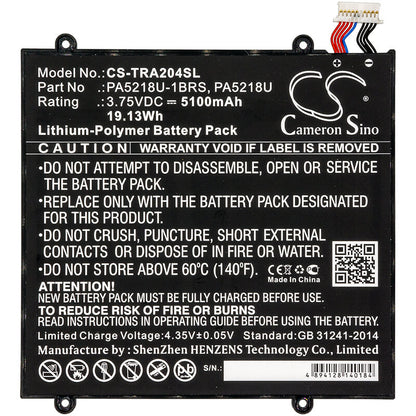 3.75V, 5100mAh, Li-Polymer Battery fits Toshiba, Excite A204, Excite A204 At10-b, 19.125Wh