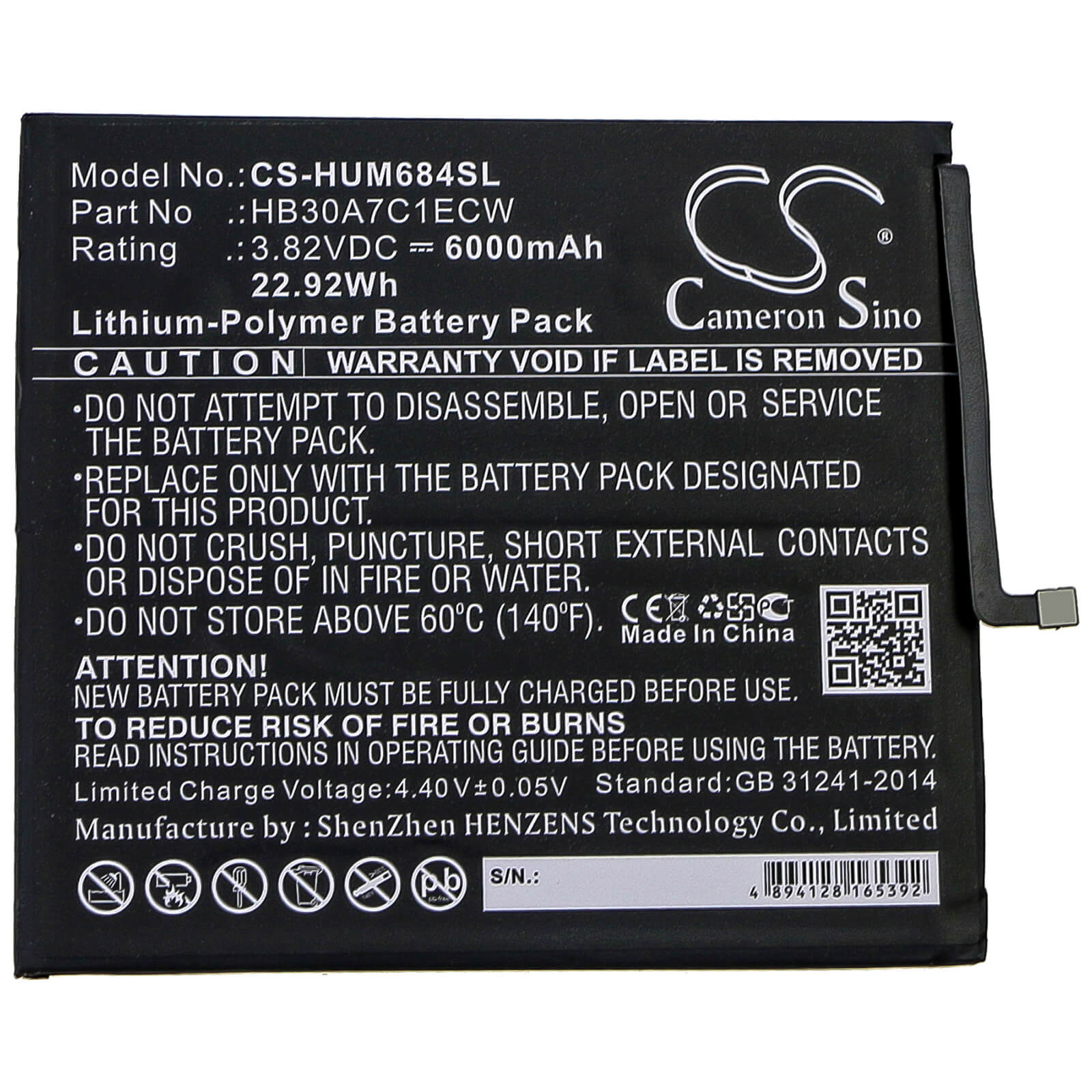 3.82V, 6000mAh, Li-Polymer Battery fits Huawei, Mediapad M6 8.4, Vrd-al09, 22.92Wh