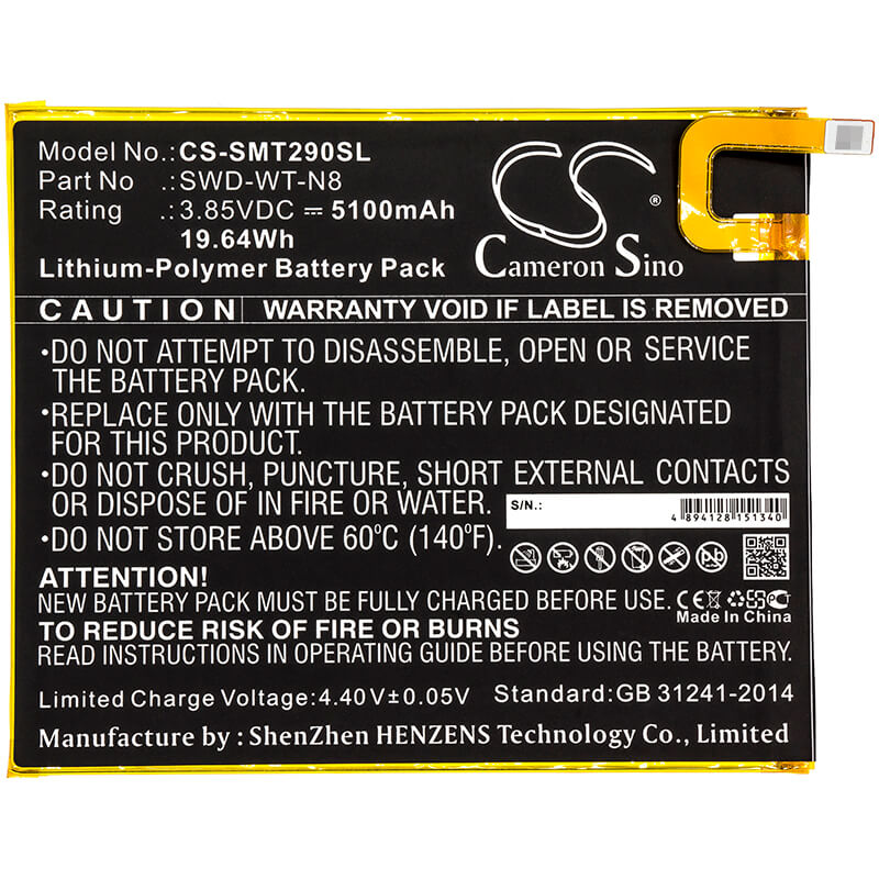 3.85V, 5100mAh, Li-Polymer Battery fits Samsung, Galaxy Tab A 8.0 2019, Sm-t290, 19.635Wh