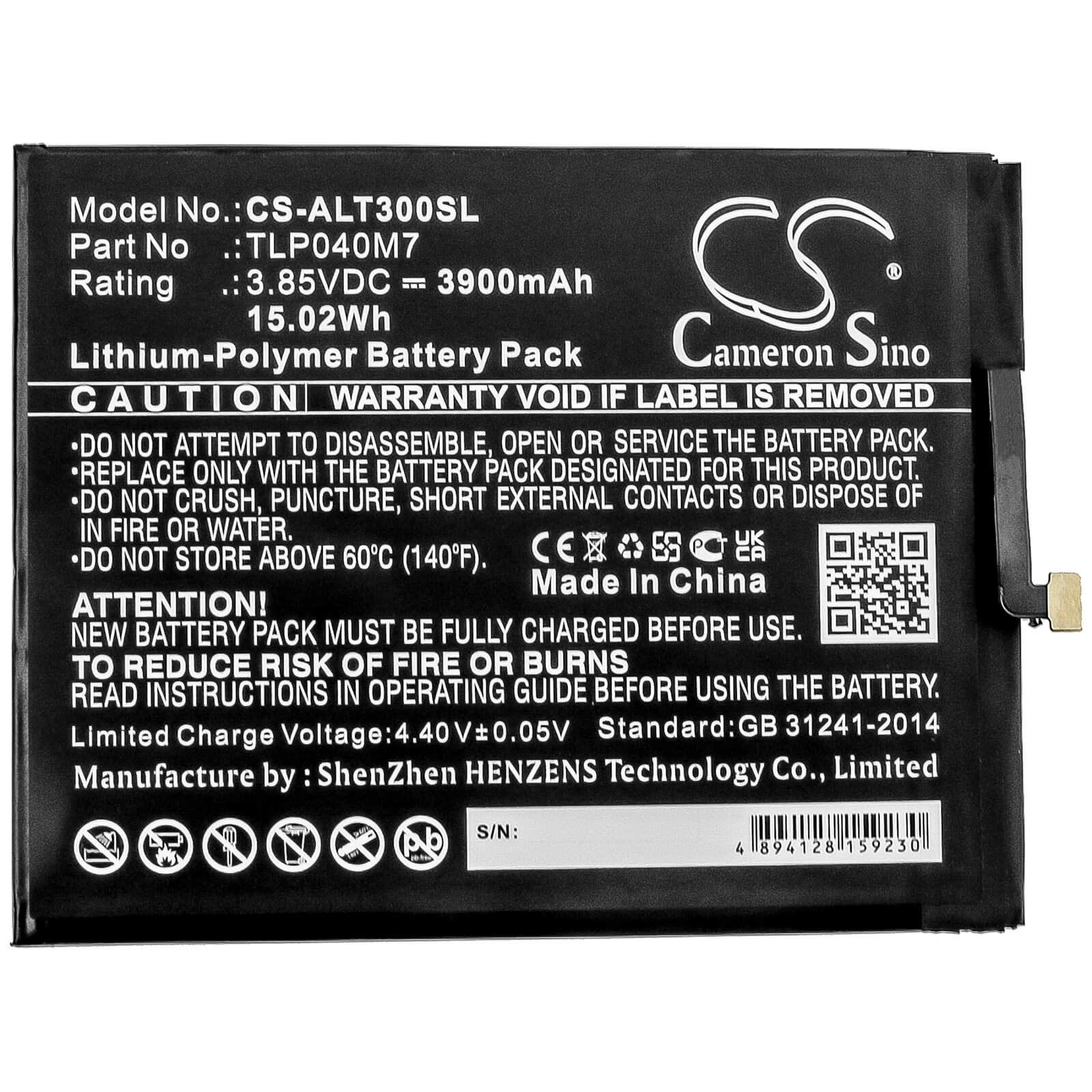 3.85V, 3900mAh, Li-Polymer Battery fits Alcatel, 3t, Ot-9032t, 15.015Wh