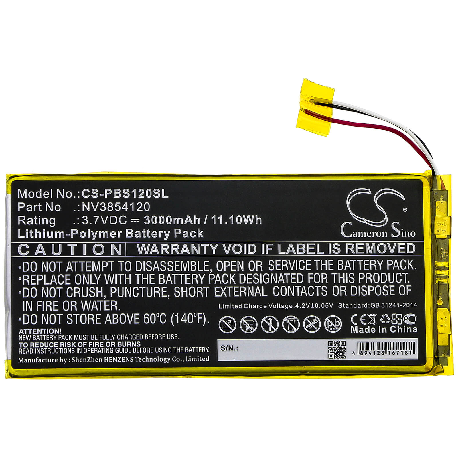 3.7V, 3000mAh, Li-Polymer Battery fits Pbs, Kids 7" Pad, Kids Pbskd12, 11.1Wh