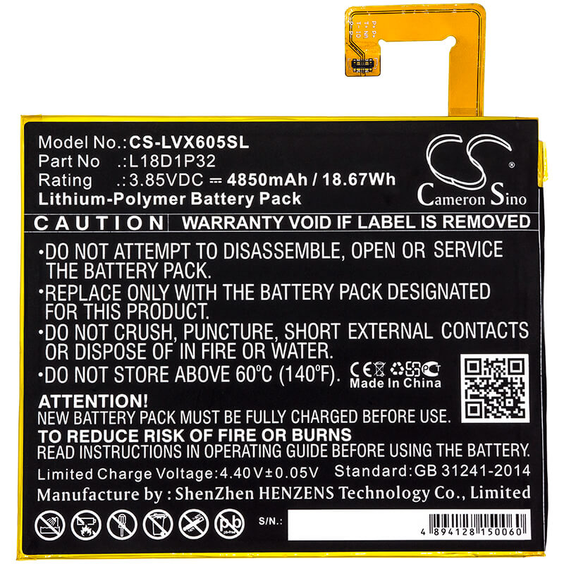 3.85V, 4850mAh, Li-Polymer Battery fits Lenovo, Smart Tab M10, Tb-x605f, 18.6725Wh